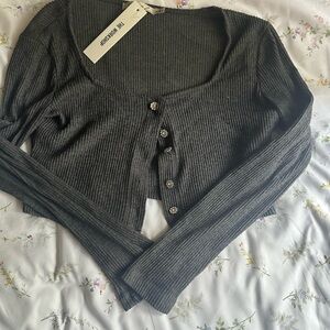 Gray Ribbed Cardigan with Button Details